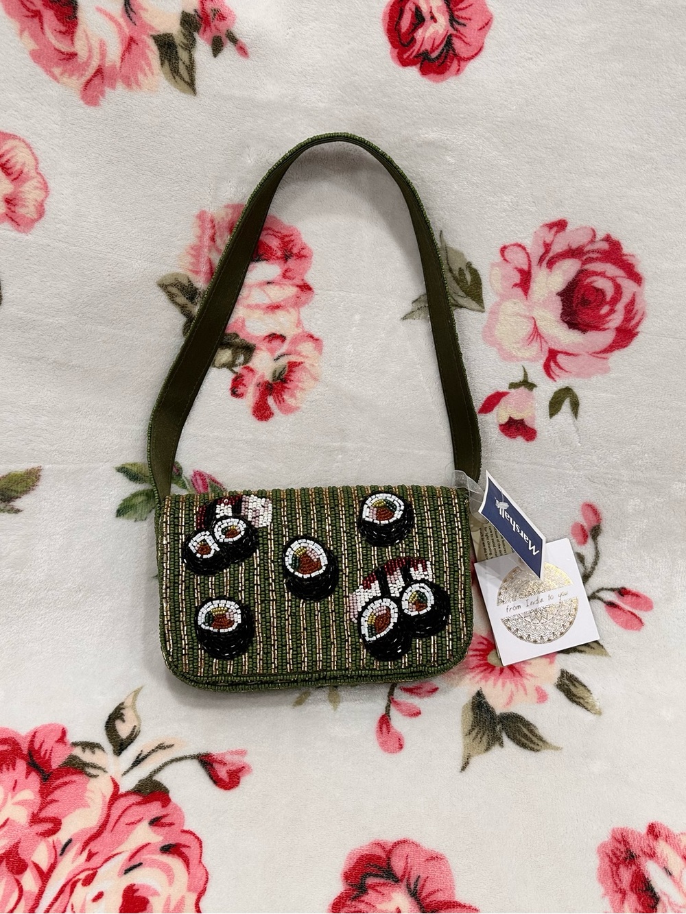 Green & gold striped sushi beaded shoulder bag